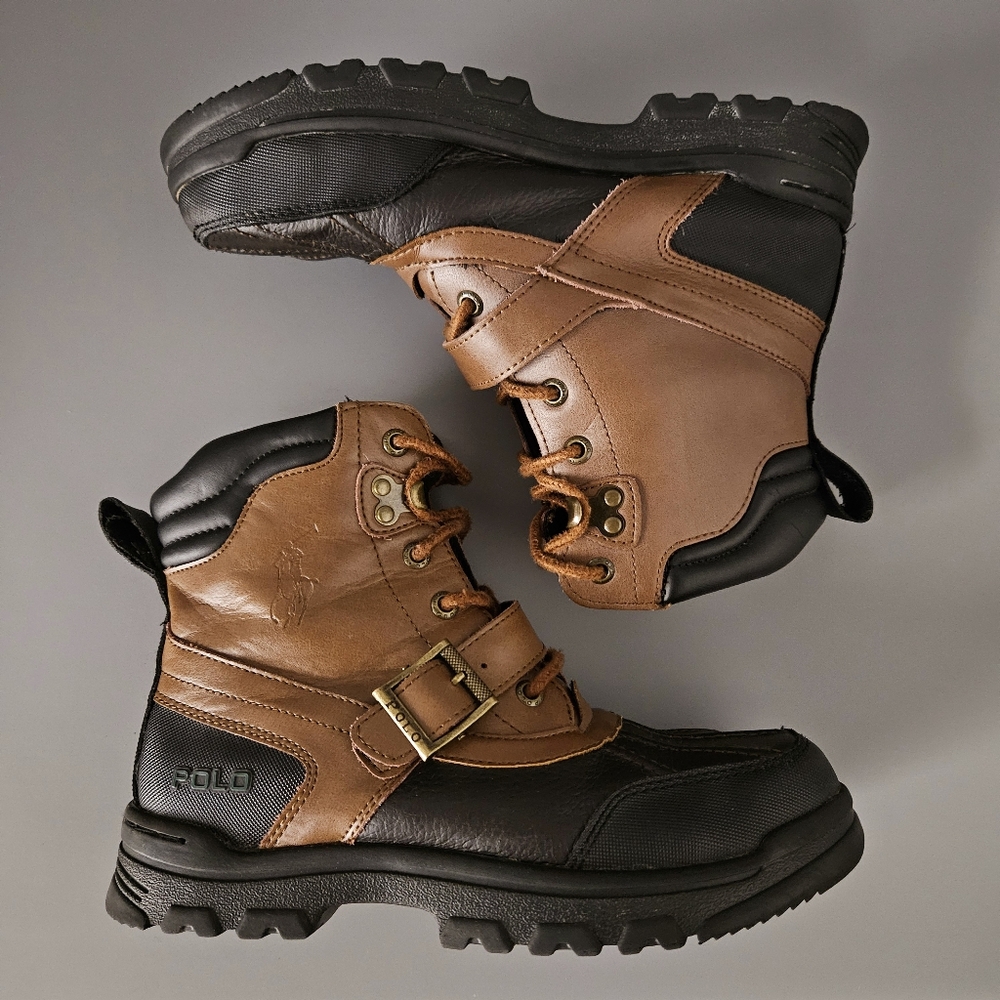 Polo Ralph Lauren Kids Duck Boots Sz 4 Youth Brown Black Lace Up Buckle Boys - Picture 11 of 16